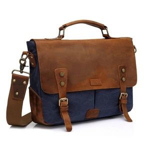Mens Vintage Leather & Canvas Messenger Book Bag
